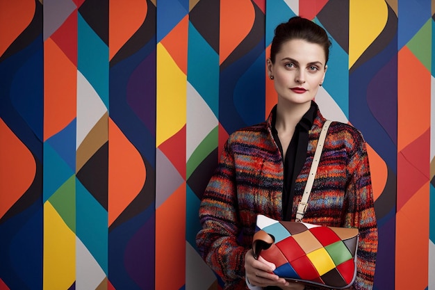 Una donna tiene in mano una borsa davanti a un muro colorato.