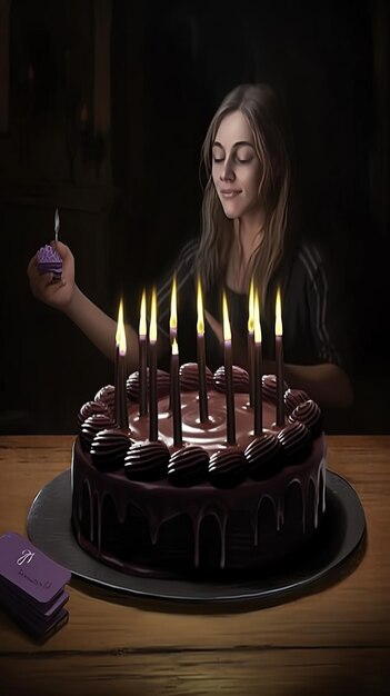 Una donna tiene in mano una candela accanto a una torta
