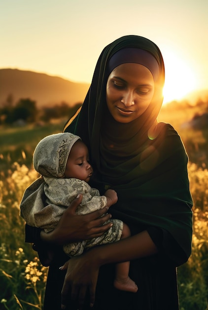 Una donna tiene un bambino in un campo al tramonto.