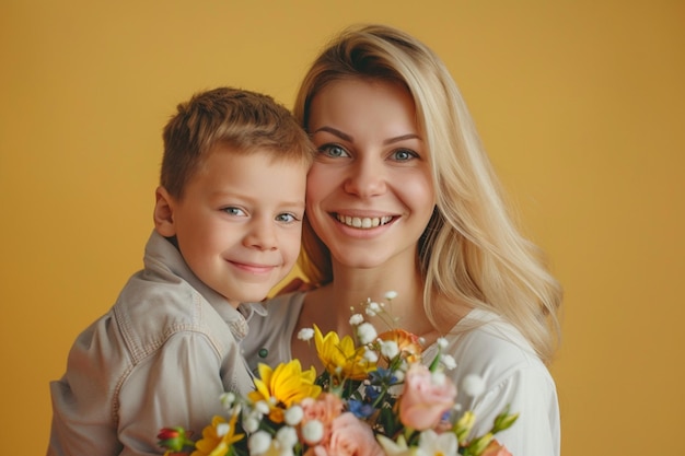 una donna tiene un bouquet di fiori e un ragazzo