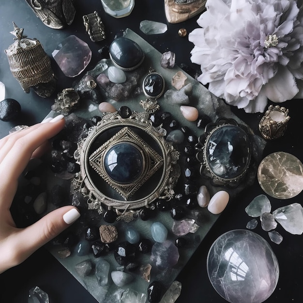 Una donna tiene un cerchio d'argento circondato da cristalli e una grossa pietra