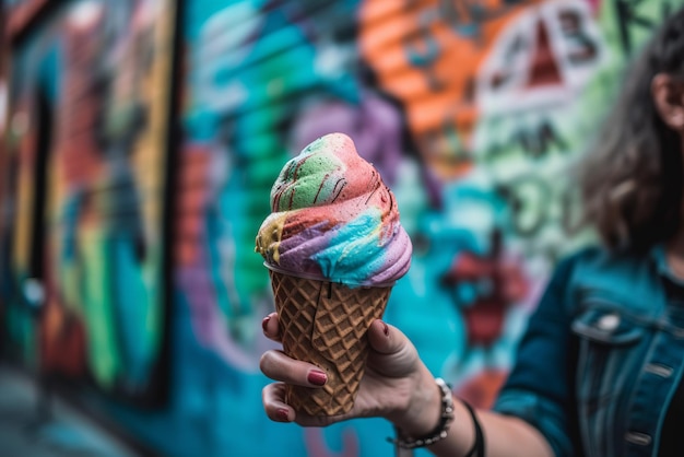 Una donna tiene un cono di gelato davanti a un muro di graffiti.