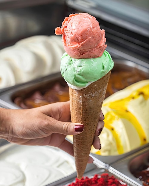 Una donna tiene un cono di gelato davanti al bancone di un negozio.