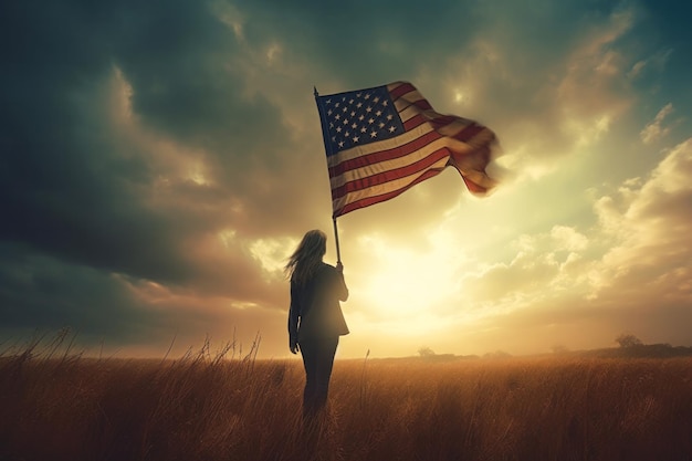 una donna tiene un'illustrazione del giorno dell'indipendenza della bandiera americana