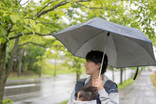 Una donna tiene un ombrello con suo figlio in un impermeabile.