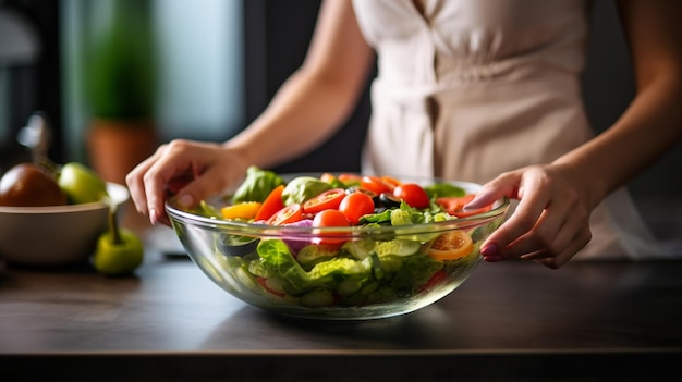 Una donna tiene un piatto con l'insalata di cibo nelle mani sullo sfondo della cucina