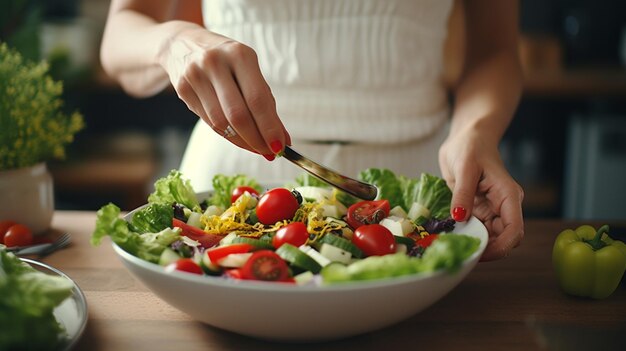 Una donna tiene un piatto con l'insalata di cibo nelle mani sullo sfondo della cucina