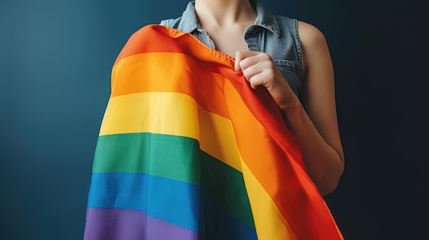 Una donna tiene una bandiera arcobaleno sopra la sua spalla