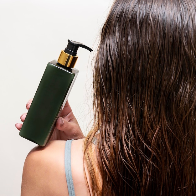 Una donna tiene una bottiglia di shampoo o balsamo per capelli sulla spalla accanto ai capelli bagnati.