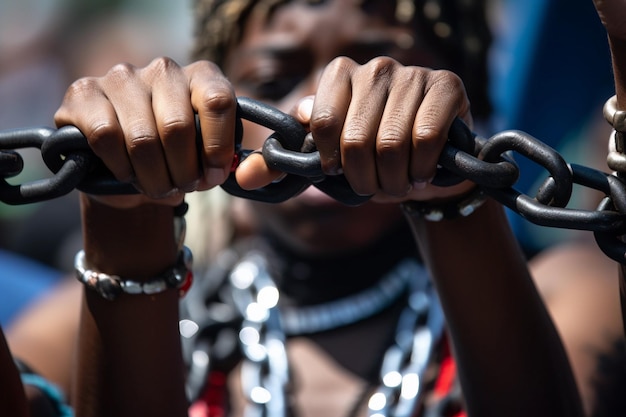 Una donna tiene una catena con sopra la parola africa.