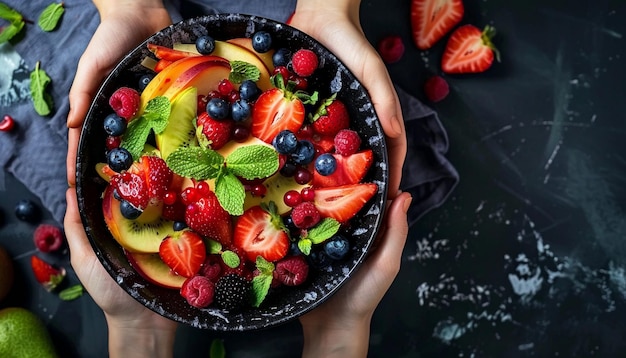 una donna tiene una ciotola di frutta con bacche e fragole