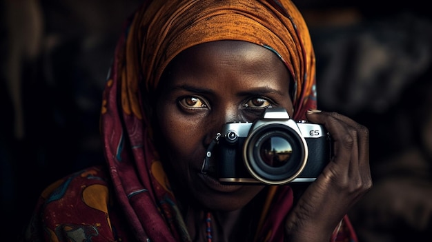 Una donna tiene una macchina fotografica con la parola nikon sul davanti.