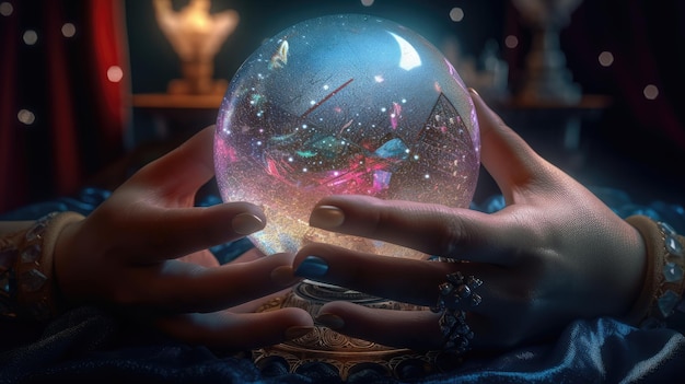 Una donna tiene una palla tra le mani, la parola magia in basso a destra.