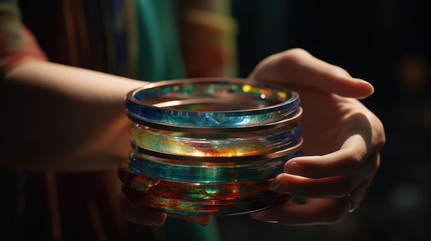 Una donna tiene una pila di perle di vetro colorate su un tavolo.
