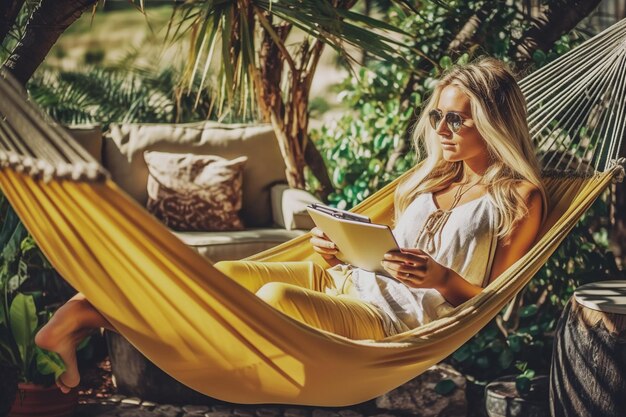 Una donna trascorre le vacanze estive leggendo su un'amaca sulla sua terrazza Ai generato