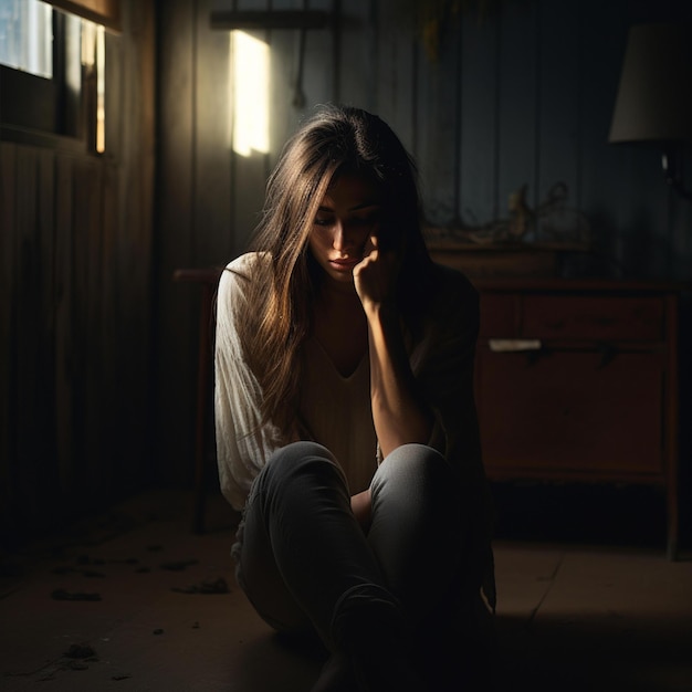 Una donna triste si siede tirata dentro di sé in un salotto semi-oscuro.