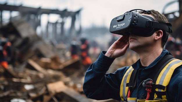 Una donna usa gli occhiali di realtà virtuale per scattare una foto di un cantiere.