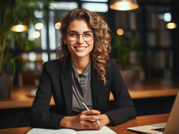 Una donna utilizza un computer portatile in ufficio Internet business giovane professionista sul posto di lavoro Design ai