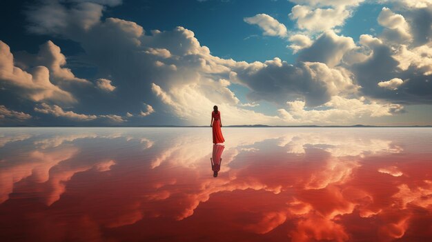una donna vestita cammina lungo una superficie a specchio deserta