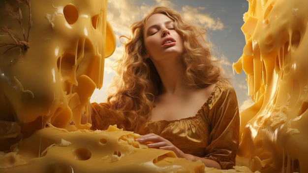 una donna vestita d'oro è circondata da formaggio