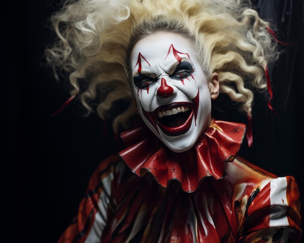 una donna vestita da clown con i capelli rossi e il trucco