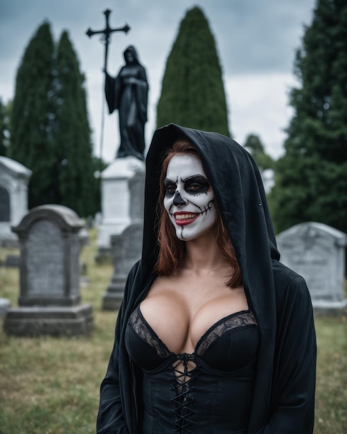 Una donna vestita da mietitrice in un cimitero