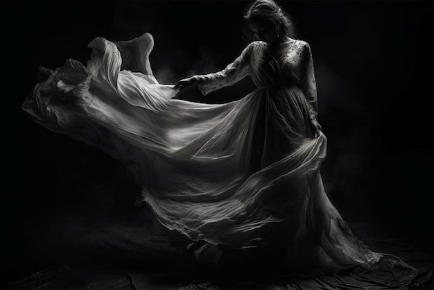 Una donna vestita di bianco balla nel buio