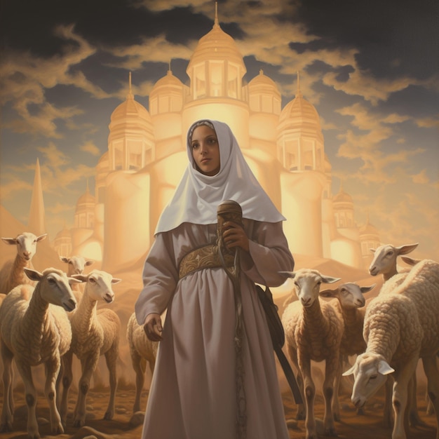 Una donna vestita di bianco canta con le pecore.