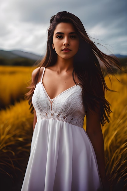 Una donna vestita di bianco si trova in un campo di grano dorato.