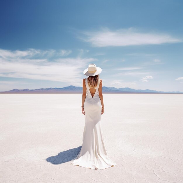 una donna vestita di bianco si trova nel deserto