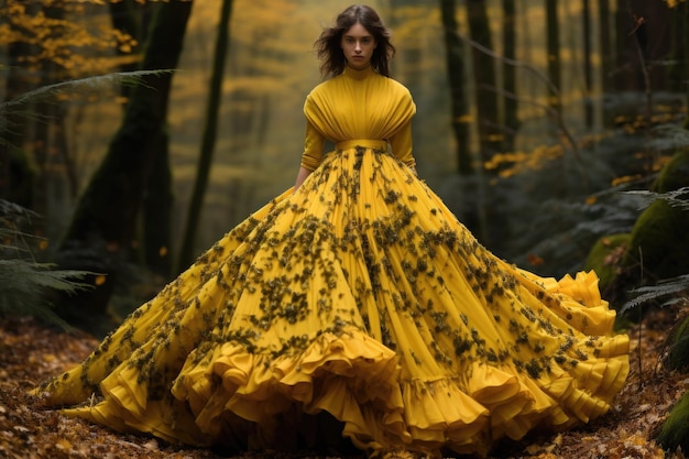 Una donna vestita di giallo nella foresta ai