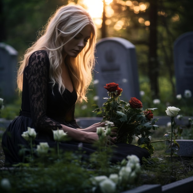 una donna vestita di nero seduta in un cimitero con in mano un mazzo di fiori