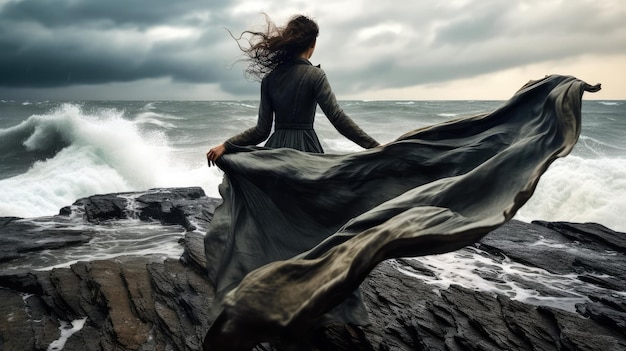 Una donna vestita di nero si erge su una roccia di fronte all'oceano.