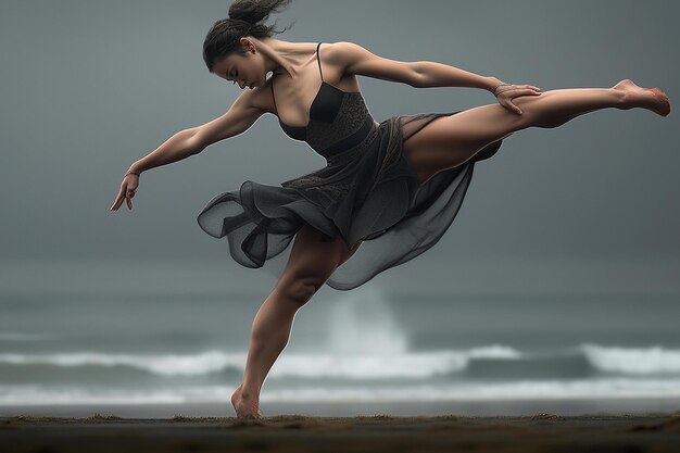 Una donna vestita di nero sta ballando sulla spiaggia.