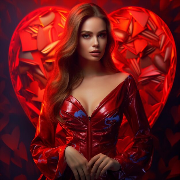 una donna vestita di rosso con un cuore rosso sulla schiena.