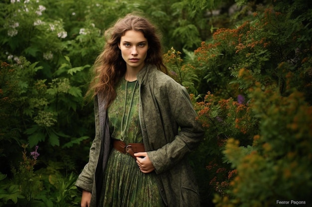 Una donna vestita di verde si trova in una foresta con fiori.