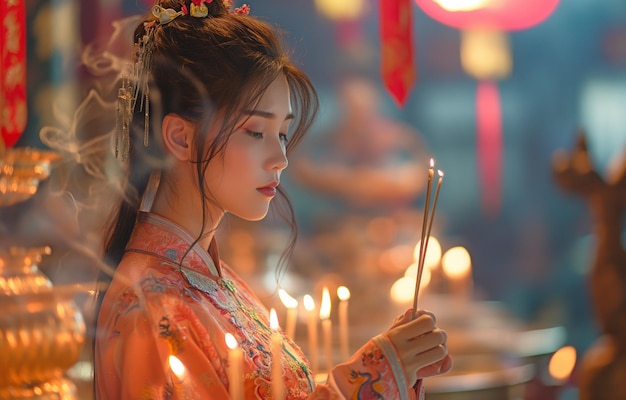 una donna vestita tradizionalmente in un santuario cinese che accende una candela che prega in un tempio