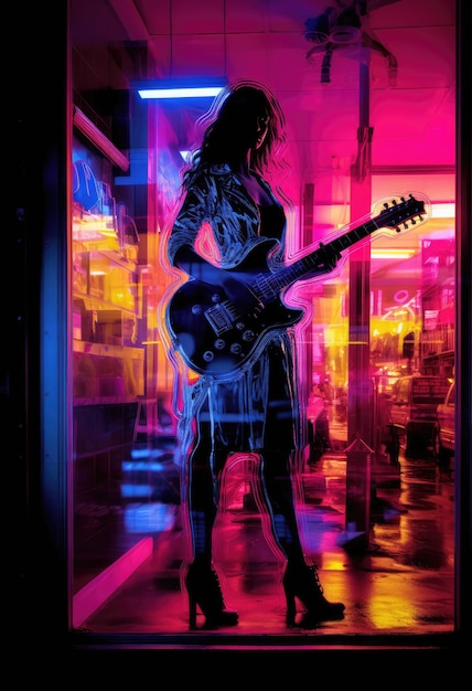 una donna vicino a un'insegna al neon in una finestra di vetro con la sua chitarra in stile concept art