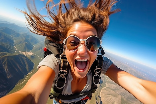 Una donna vola in aria con i capelli in aria