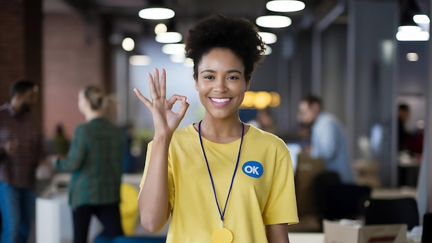 Una donna volontaria felice che indossa un distintivo in piedi e mostra un gesto ok