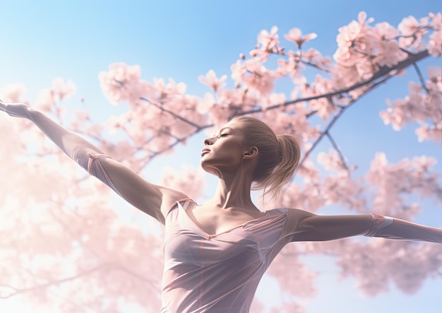 Una doppia esposizione di una ginnasta in aria e un albero di ciliegio in fiore che fonde il