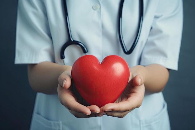 Una dottoressa che indossa un camice mentre tiene in mano un cuore rosso