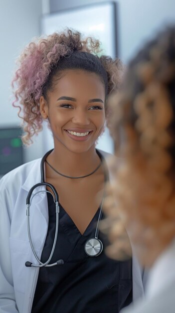 Una dottoressa esperta e sorridente esamina un giovane paziente in una clinica mentre usa uno stetoscopio