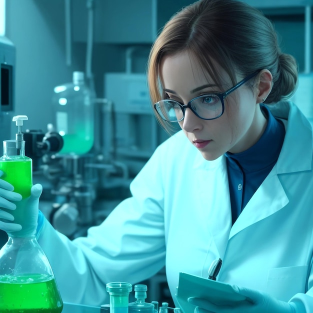 Una dottoressa scienziata che esamina liquido tossico in laboratorio