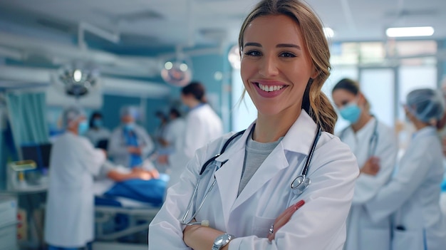 Una dottoressa sorridente e sicura che posa e l'ospedale con le braccia incrociate e la squadra medica che lavora