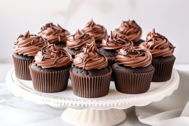 Una dozzina di cupcakes al cioccolato esposti su un'alzata bianca creata con l'IA generativa