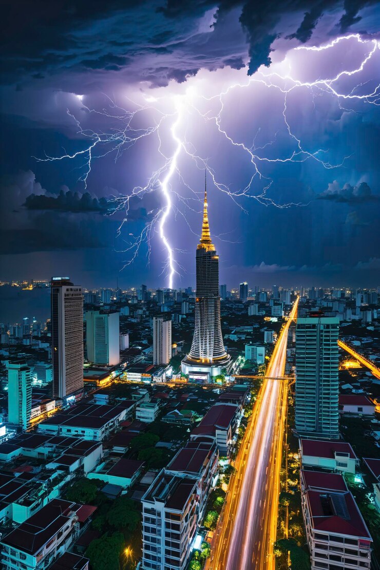 Una drammatica scena notturna dello skyline di Bangkok illuminata da una potente tempesta di fulmini con fulmini che colpiscono vicino a edifici iconici