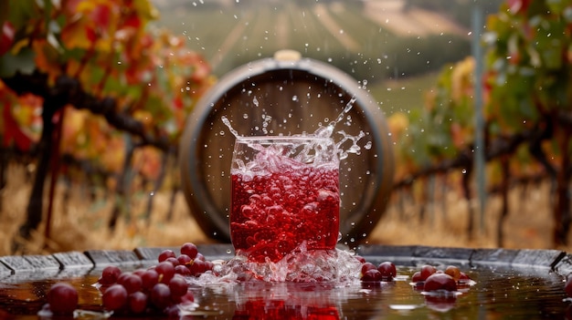 Una drammatica spruzzatura di vino rosso in un bicchiere con una vigna sullo sfondo