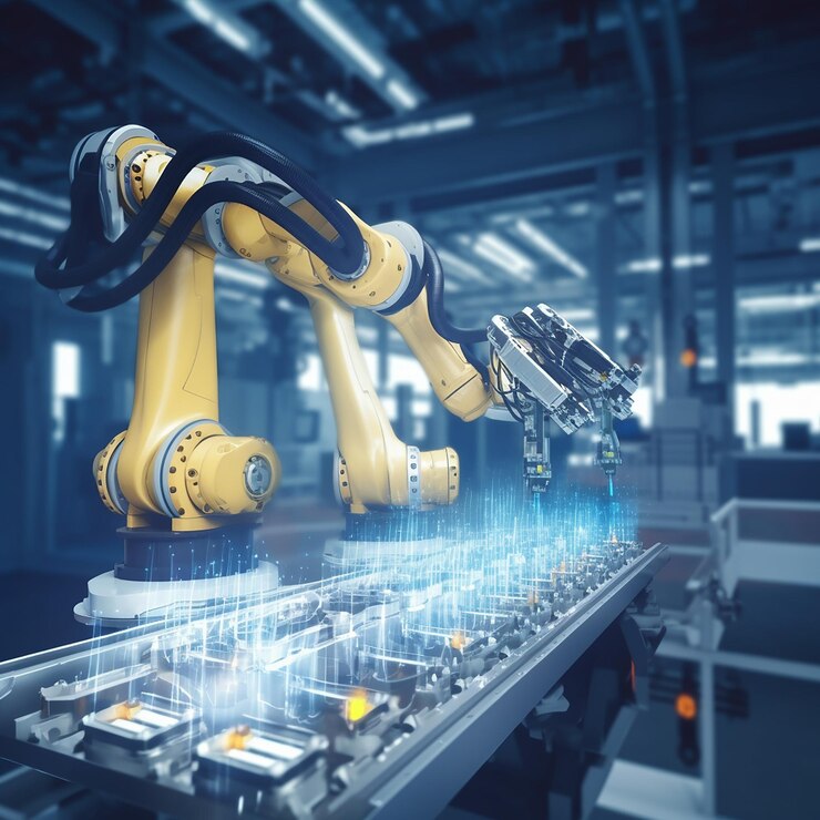 Una fabbrica con dei robot davanti e una finestra dietro