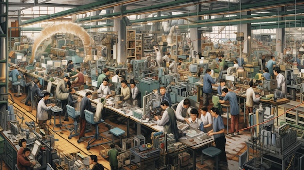 Una fabbrica con operai che assemblano componenti elettronici